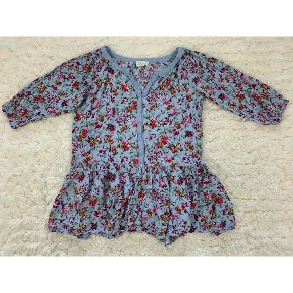 Love Label Blue Floral Ruffle Tunic Flowy Cold Shoulder 3/4 Sleeve Cottagecore S - Picture 1 of 4